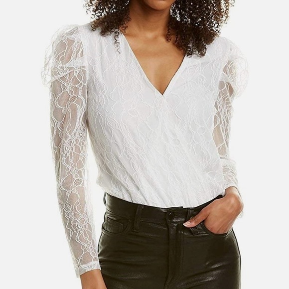 Wayf Tops - New WAYF Sheer White Lace Long Puff Sleeve Bodysuit